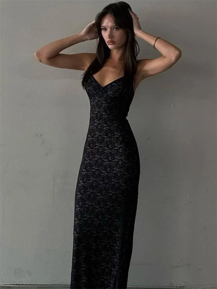 Tossy Lace Hollow Out Backless Maxi Dress Slim V-Neck See-Through High Street Summer Elegant Party Dress Fashion Slim Dress 2023