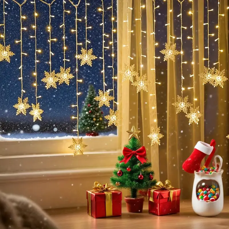 Snowflake Christmas Lights 100LEDs Curtain String Lights 3M×1M 8 Modes USB Battery Powered Window Holiday Decoration