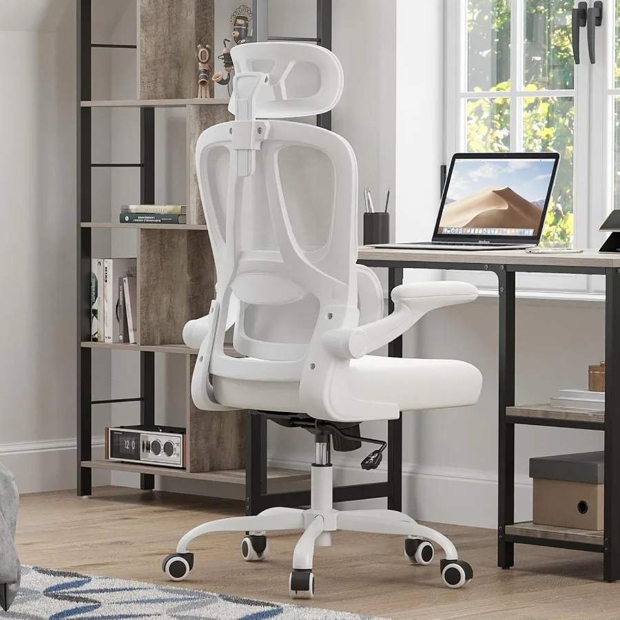 Ergonomic Office Chair with Headrest for Home Office and Gaming, Beige Mesh High Back with Lumbar Support, 350 LBS Capacity, 90