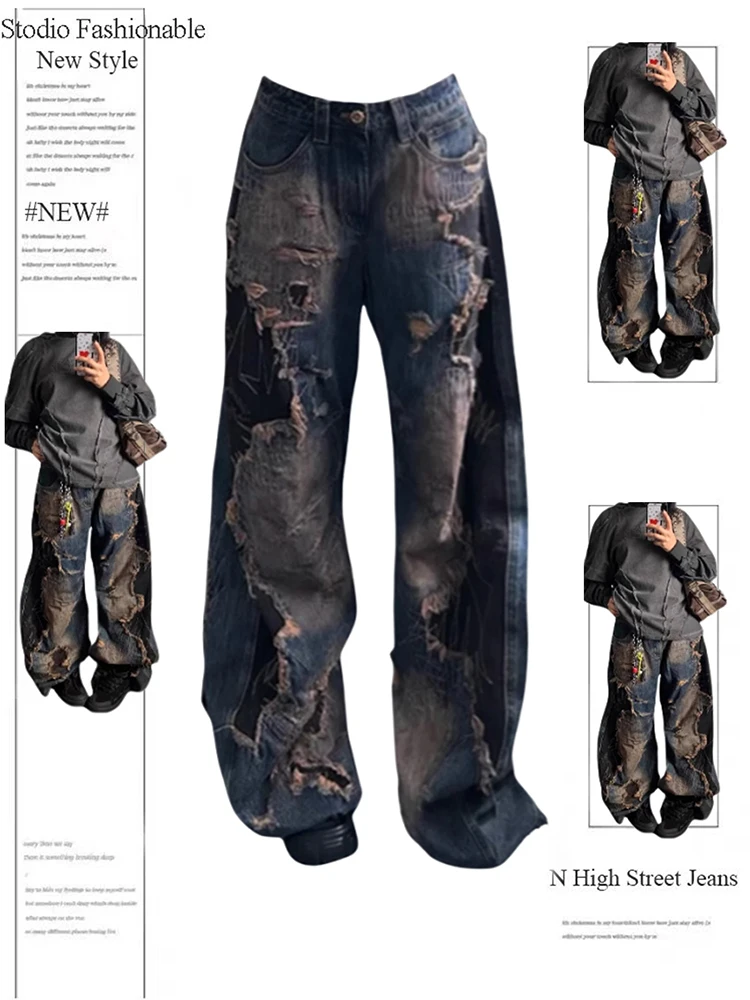 

Women Grunge Goblin Core Baggy Jean Japanese Y2K Streetwear Harajuku Wide Leg Damage Denim Pants 2000s Tide Kpop Unisex Tide