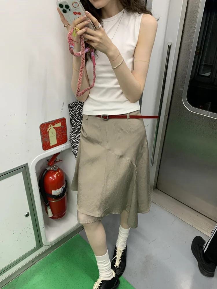 American Retro White Vest Women's Summer Design Asymmetrical Split f Skirt round Ne Two-Piece Set Faionable Casual Wear