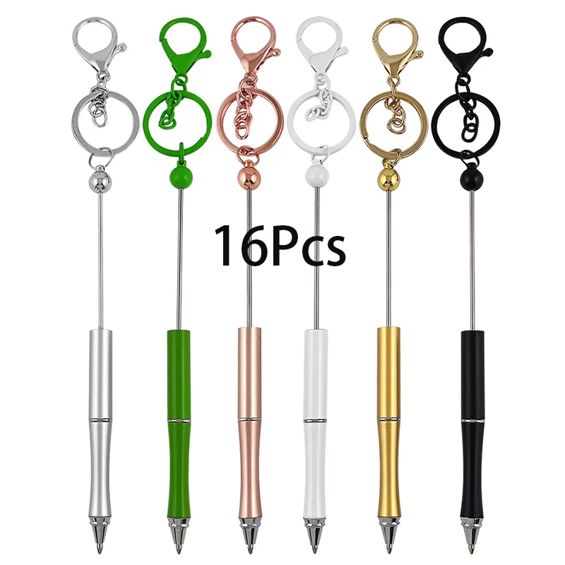 16Pcs DIY Rotating Medium Oil Ballpoint Pen Portable Keychain Beaded Ballpoint Pen Hand-decorated Ballpoint Pen