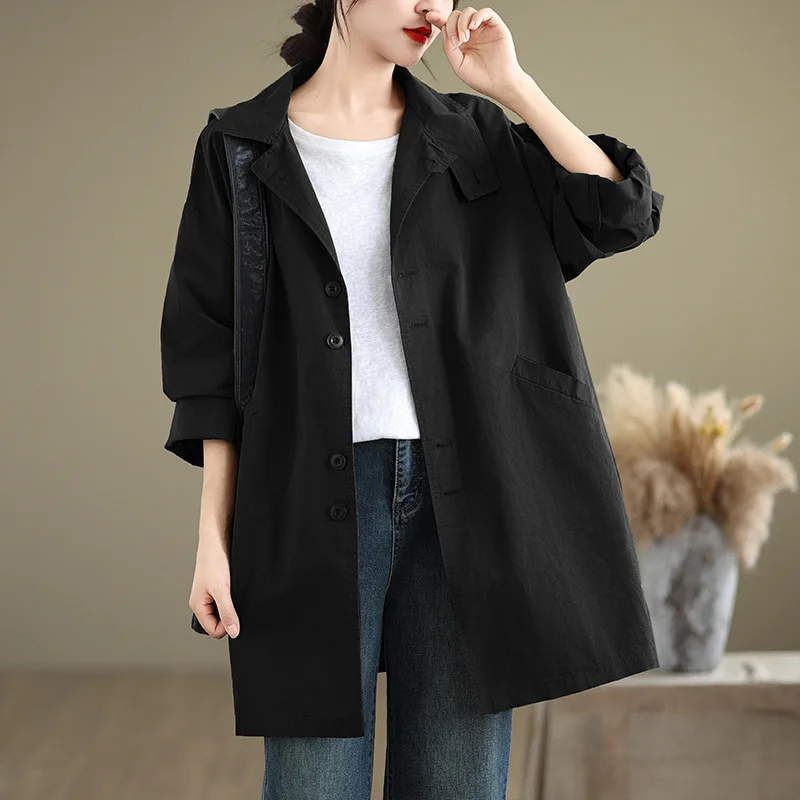 Women Autumn Japan Style Solid Color Single Breasted Trench Coat Turn Down Collar Long Sleeve Casual Loose Commute Windbreaker