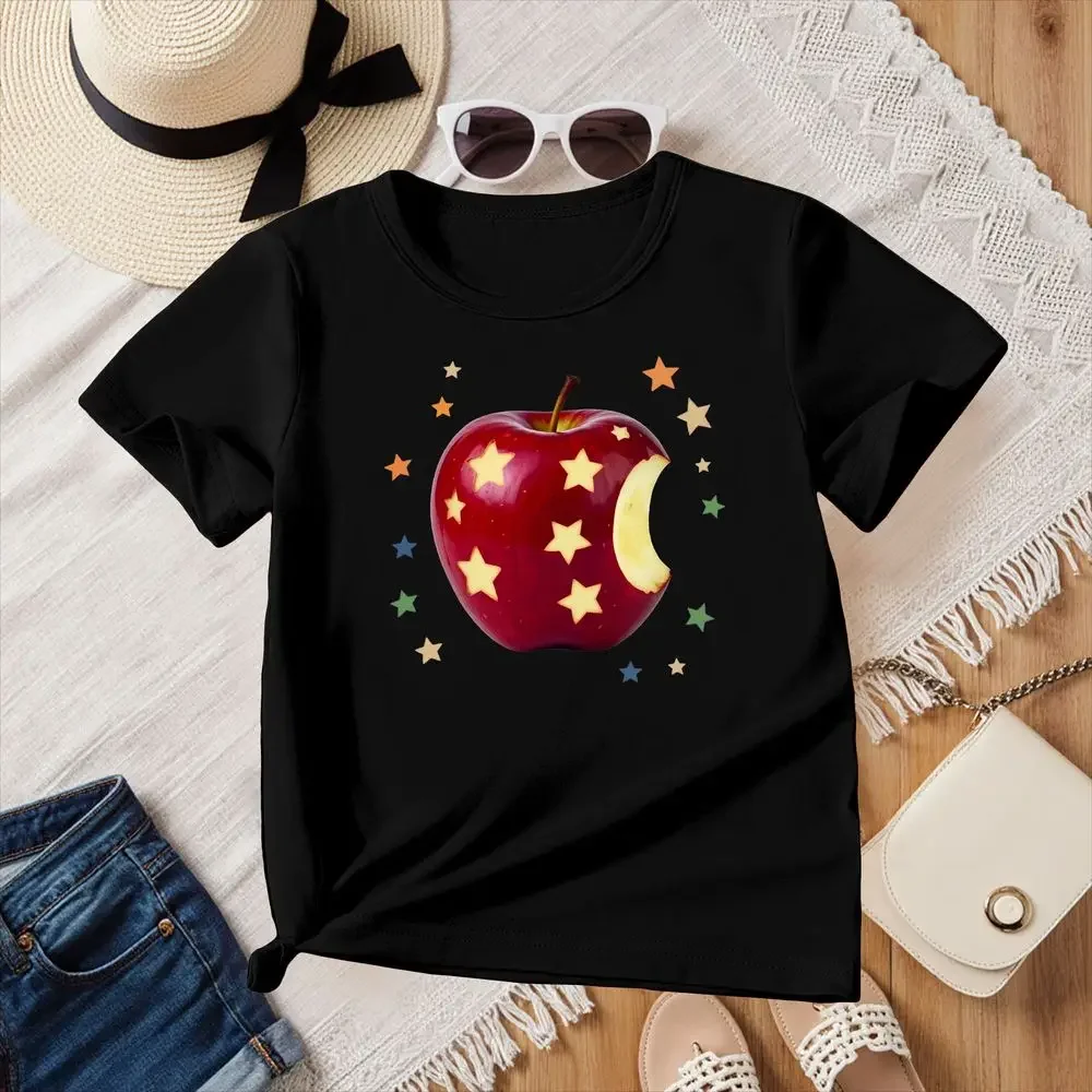 Women's Summer Short-Sleeve T-Shirt Red Apple & Star Print Casual Vintage Y2K Top Breathable Kids Clothes Female