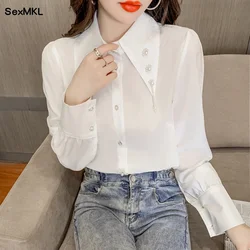 Elegant White Office Blouse Shirts Women Fashion Autumn Winter Beading Blusas Mujer Korean Clothing Slim Puff Sleeve Ladies Tops