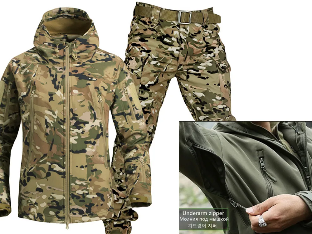 

Outdoor Shark Skin Soft Shell Warm Autumn and Winter Flocking Underarm with Zipper Comprehensive Tactical Training Jacket Suit