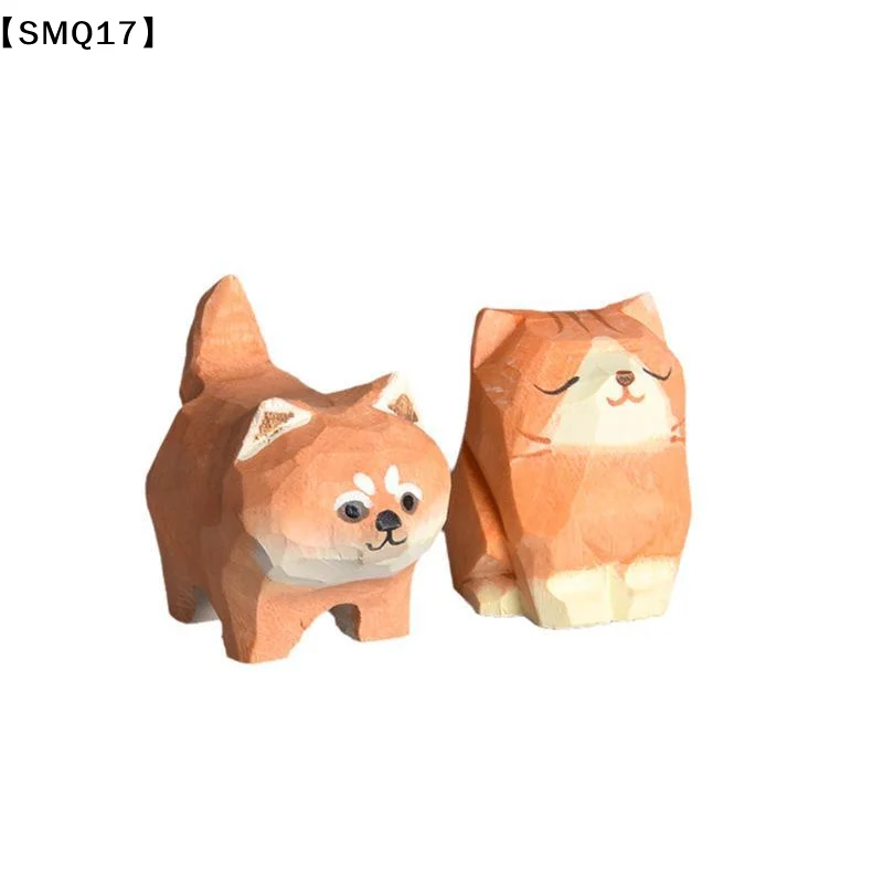1Pcs Gift Carved Wooden Cartoon Animal Shiba Inu Cat Figurine Home Decoration Desk Art Craft【SMQ】