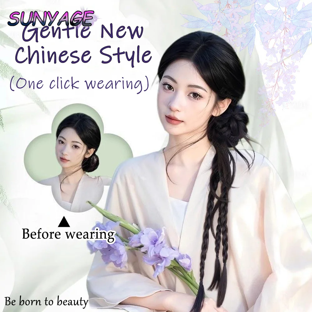 合成ロングブレイドポニーテールナチュラルヘアエクステドラゴンビアードフラワーバッドヘッドクロウクリップスタイルふわふわお団子ヘアウィッグ女性用