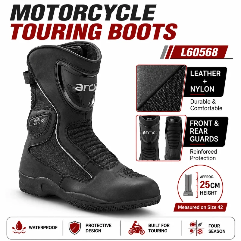 Motorcycle Touring Boots Leather High Cut Riding Shoes Moto Boots for Men Four Season Adventure Travel