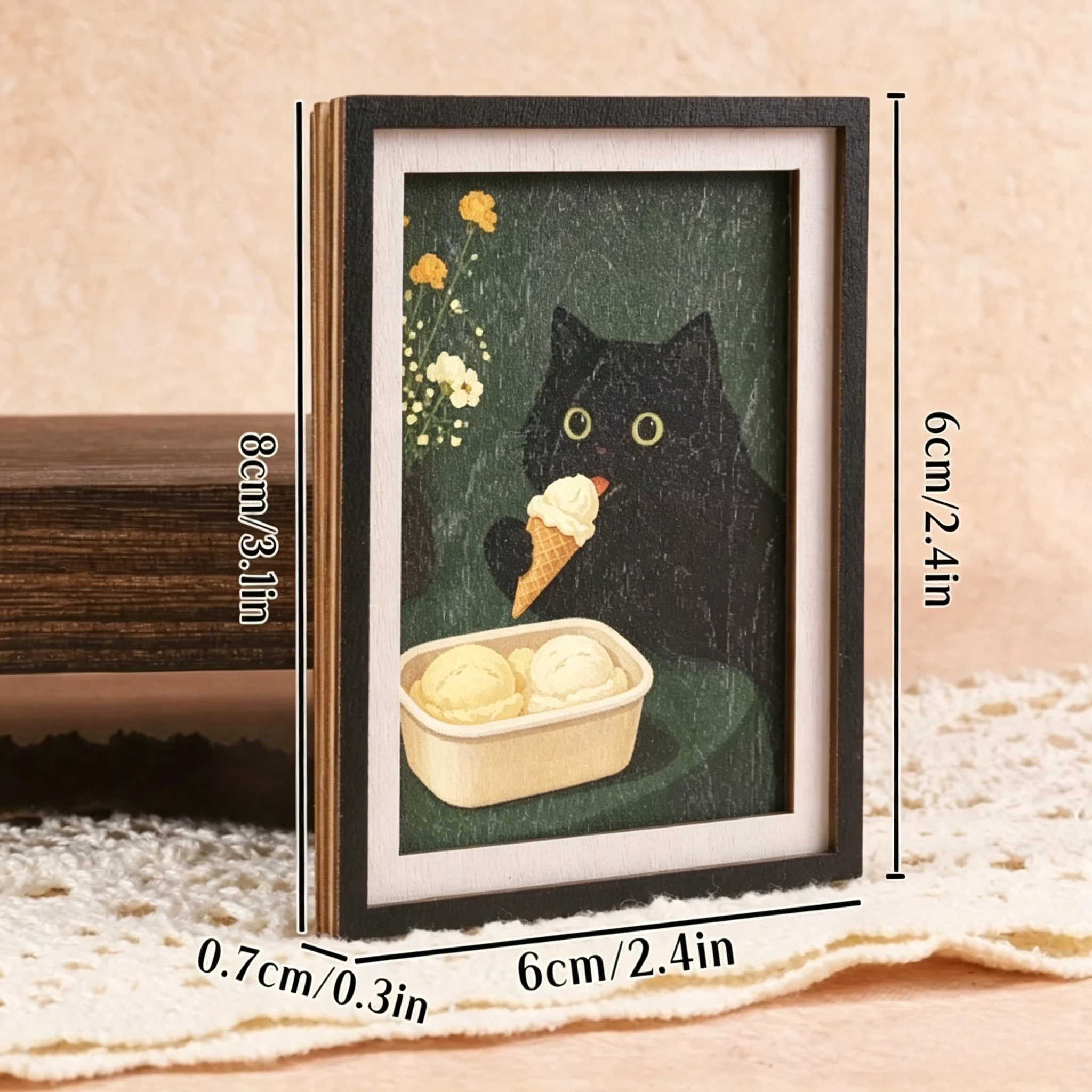 Holzgerahmter Kühlschrankmagnet, niedliche schwarze Katze, die Eiscreme isst, Vintage-Kunstdekoration für Küchenkühlschrank, Heimdekoration für Katzenliebhaber – Detail 1