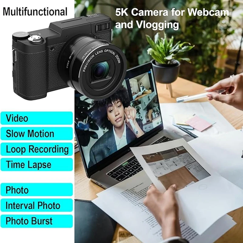 Câmera digital 5K, adequada para câmera YouTube 4K Vlogging, zoom 64MP 40X com tela flip de 3 polegadas e autofoco, zoom óptico anti-vibração