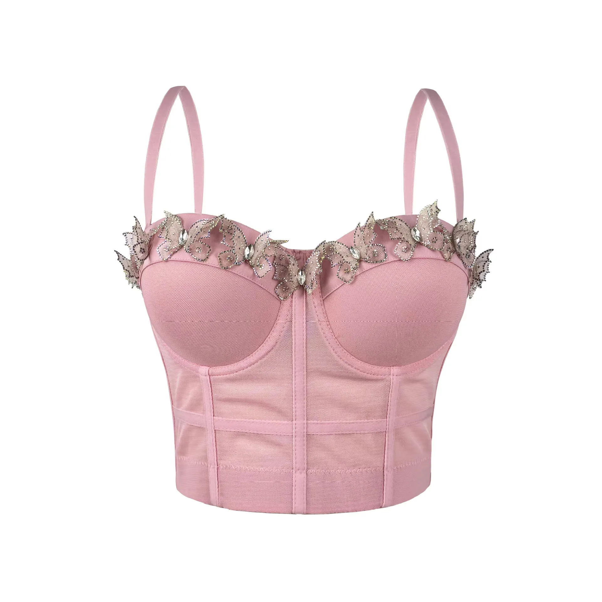 Three-dimensional Butterfly Decorative Suspender Vest Mesh Fishbone Bra Semi-transparent Slim-fit Plastic Fishbone Top To Wear