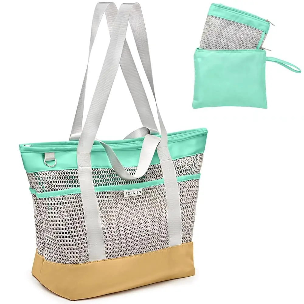 

Пляжная сумка-сетка для женщин - большая складная сумка-тоут с водонепроницаемым и песконепроницаемым дном, верхом на молнии и 7 карманами, легкая и удобная.