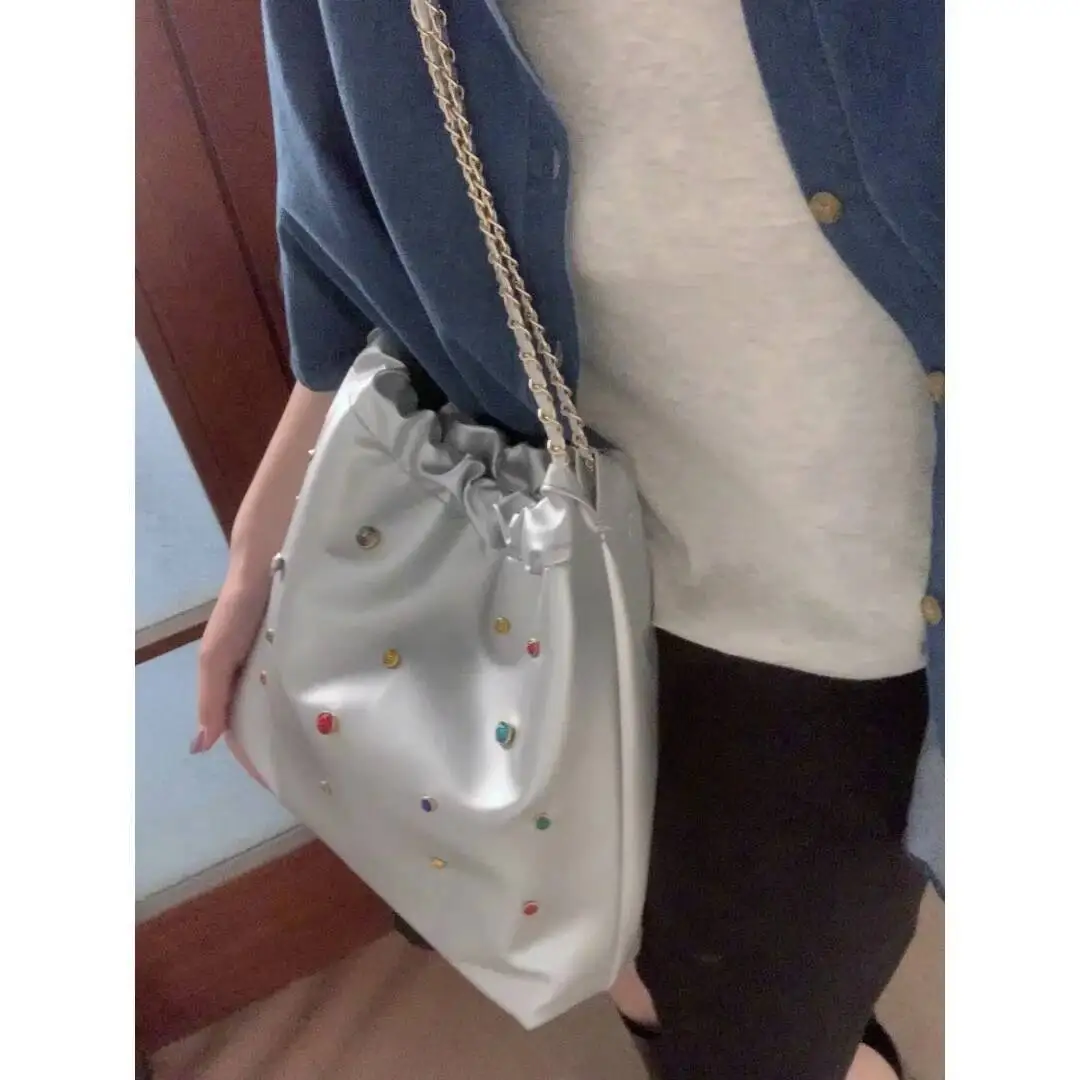 Bloom Beading Y2k Grunge Handbags Women Leather Large Capacity Casual Tote Bags Ladies Vintage Haruku Shoulder Bag Aesthetic