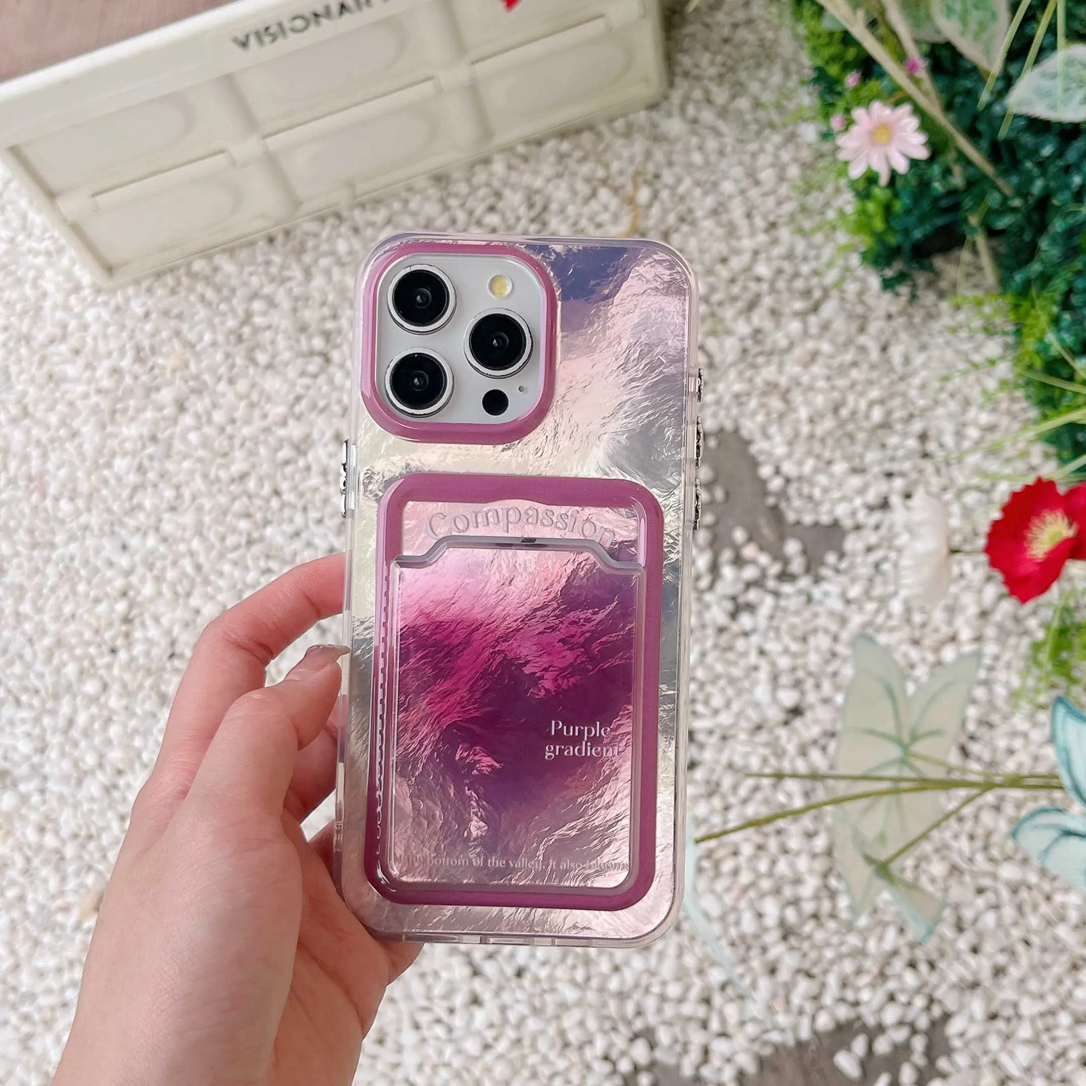 Rose pink shiny glacier card bag phone case for iphone 15pro 14 15promax 15 14pro 13pro 13 pro max motting love heart shell