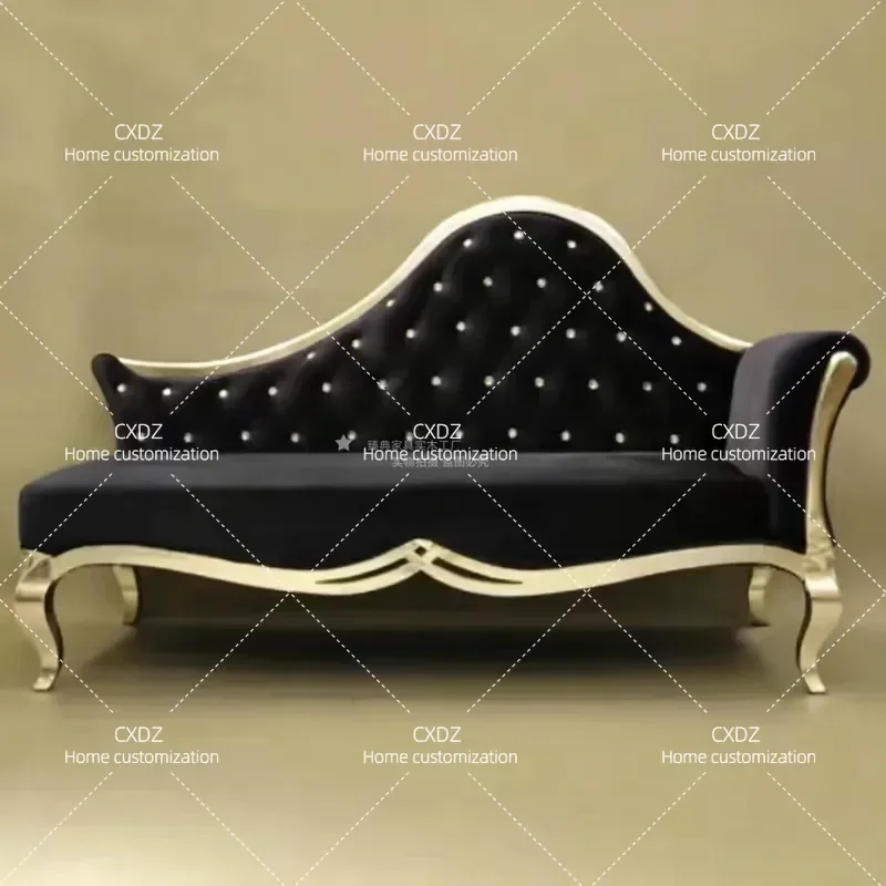 French Light Luxury Black Velvet Chair European Gold Painted Button Tufted Beauty Couch Living Room Bedroom Sofa Recliner
