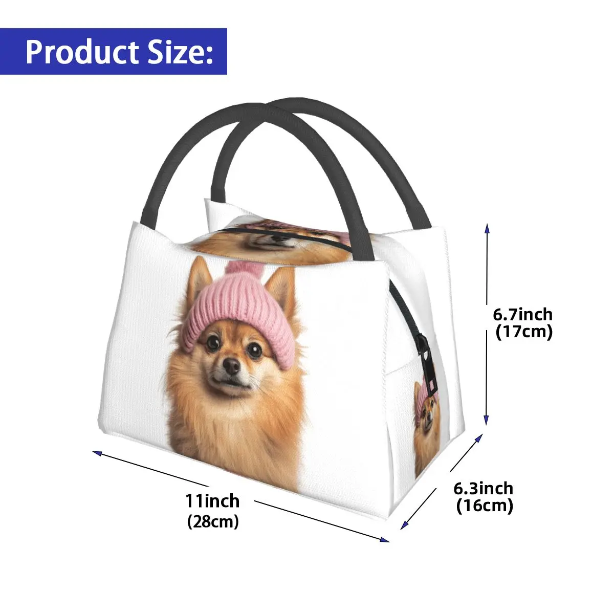 Cozy Pomeranian Dog Wearing Pink Winter Hat Insulated Lunch Bag for Women Bento Storage Food Boxes Cooler Thermal Lunch Box Tote