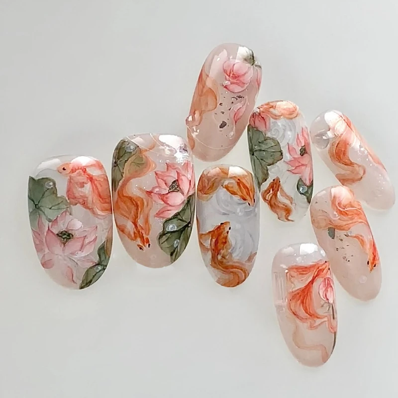 24Pcs Fake Nails Fishplay Lotus Leaf Oval Summer Sweet & Fresh Floral Press-On Nail Tips Perfect Gift for Girls and Friends