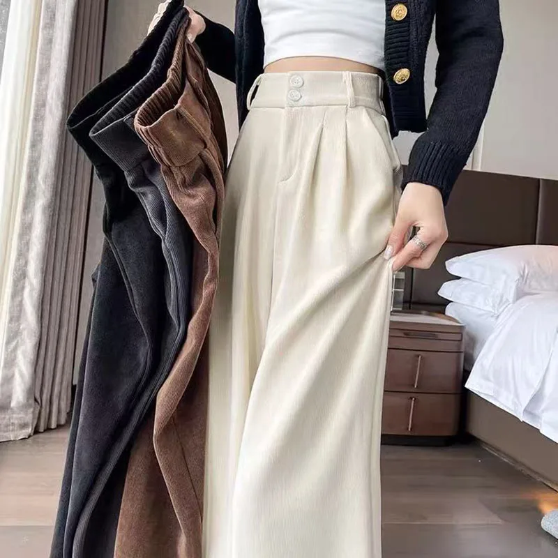 Vintage Corduroy Suit Pants Women Winter Thick Warm Office Lady Wide Leg Pants Y2K High Waist All Match Straight Trousers New