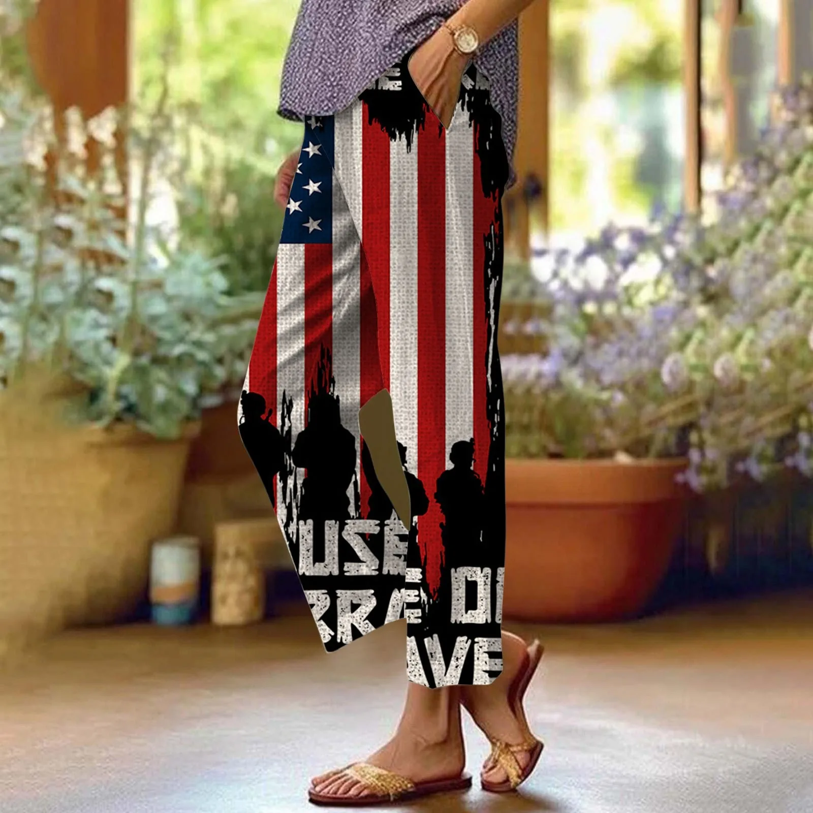 

Women Independence Day Harem Pant Vintage Printed Wide Leg Trousers Casual Solid Pockets Harajuku High Waist Baggy Pants Joggers