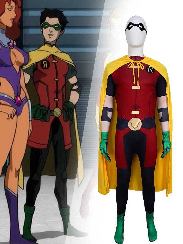 Men Robin Superhero Cosplay Costumes Tight Jumpsuit with Cloak and Mask for Party Carnival Wear