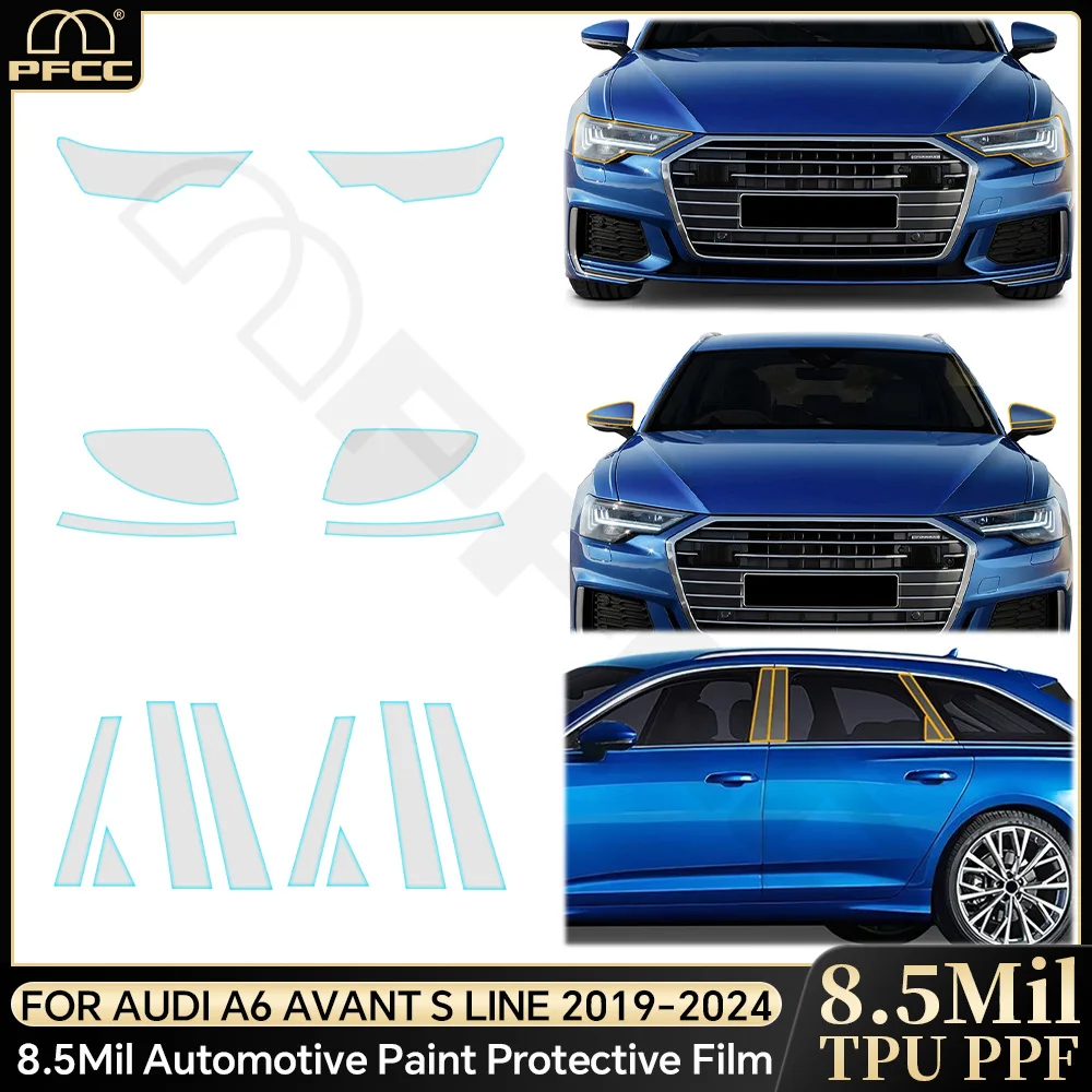 

For Audi A6 Avant S line 2019-2024 Car Headlight Rearview B C Pillars Paint Protection Film Bra Kit Anti-scratch Clear TPU PPF
