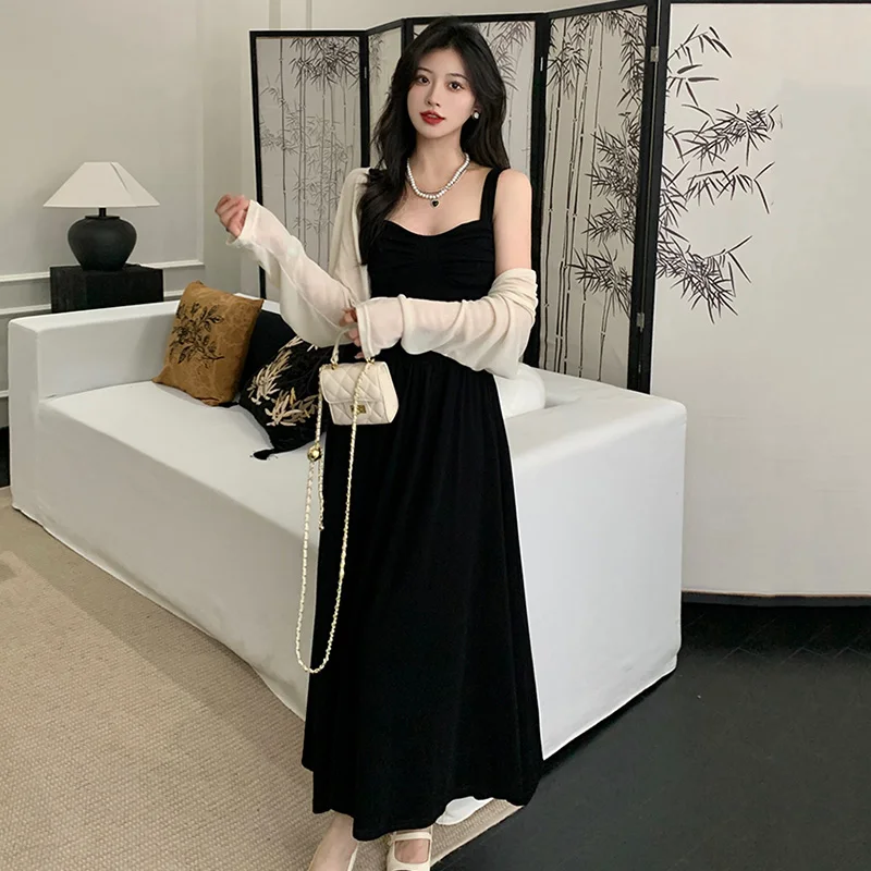 New Summer Women Elegant Black Suspender Dress Lady Concise Beach Prom Goddess Dress Female Classic Backless Ruched Long Dress