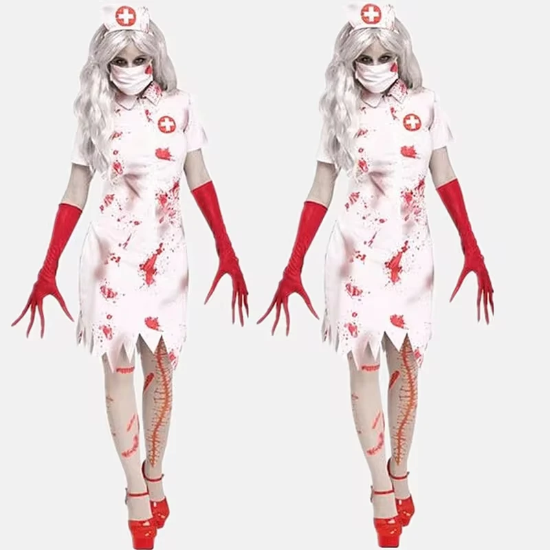 Halloween Cosplay Costumes Women Party Cosplay Bride Nurse Female Doctor Clothes Mini White Red Bloodstain Dress Halloween Suits