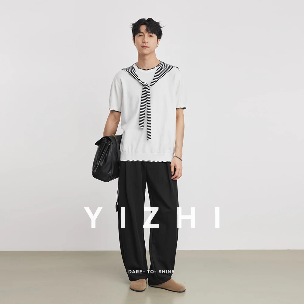 2026 Summer Men's Detachable Striped Shawl Knit Short Sleeve Tee 14 Needle Crew Neck Loose Casual Preppy Style T-Shirt