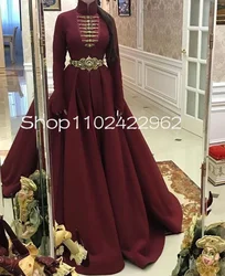 Burgundy Muslim Long Sleeve Prom Occasion Dresses High Neck Puffy Skirt Arabic Caftan Caucasian Nation Evening Outfit Gown