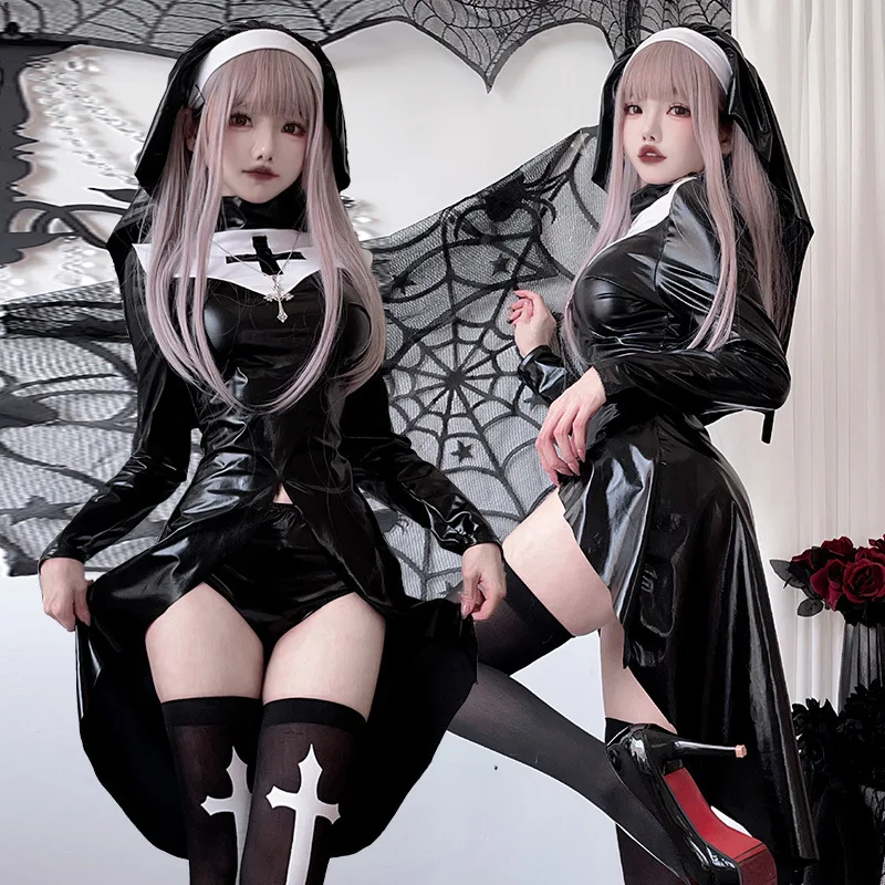 

Women's Halloween Vampire Nun Costume - Plus Size with Cross Detail, Dark Gothic Style Cosplay Outfit for Theme Parties