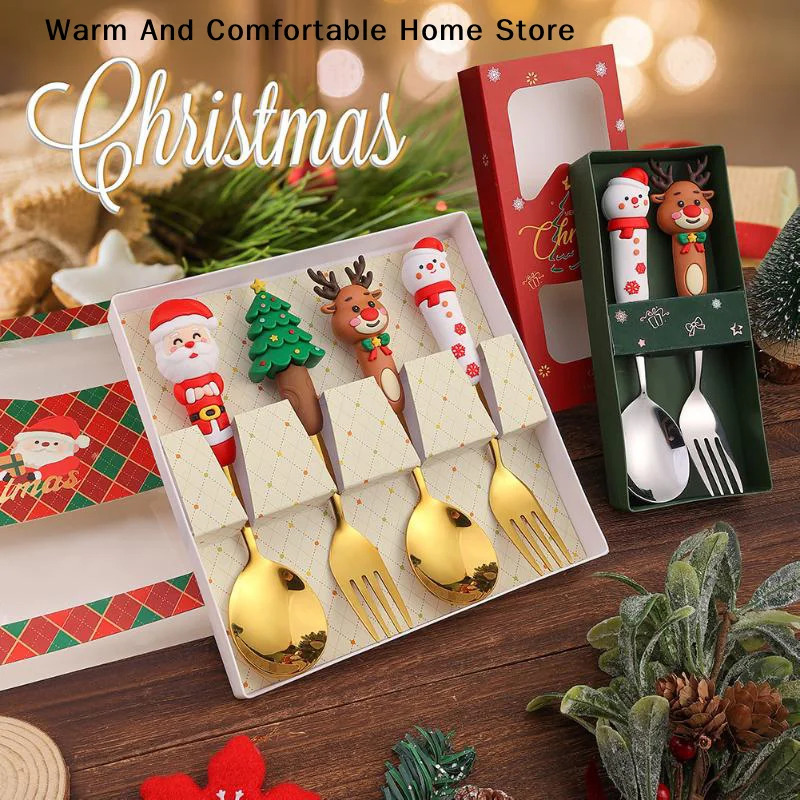 

2/4PCS Christmas Decoration Home Christmas Table Decor Stainless Spoon Fork Cutlery Set Elk Xmas Tree New Year 2026 Navidad Gift