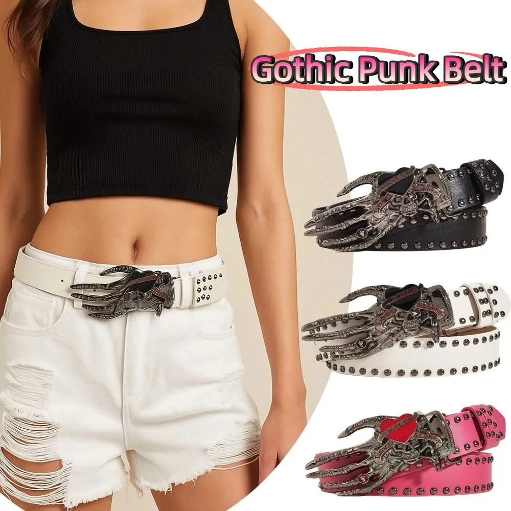 

Jeans Decor Skull Rivet Belt Skeleton American Punk Love Hand Palm Belt Korean Style Y2k PU Leather Waistbands Daily