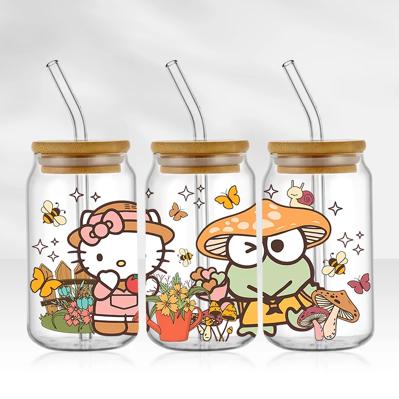 Imagem -02 - Sanrio Olá Kitty Copo dos Desenhos Animados Wraps Etiqueta de Transferência para Vidro Libbey Can Garrafa Lavável Faça Você Mesmo Custom 16oz uv Dtf