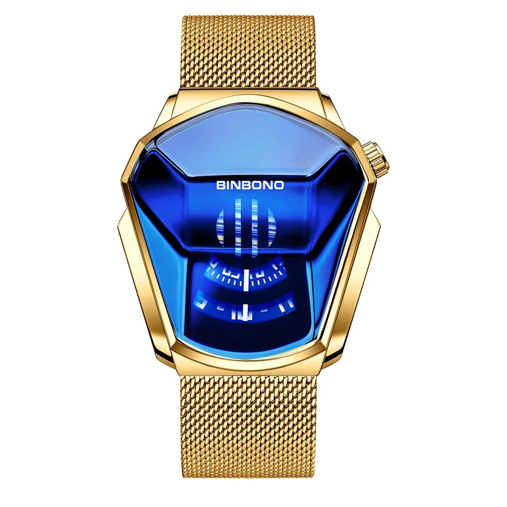 BINBOND 01 Men Popular Fashion Motorcycle Concept Quartz Watch Luminous Steel Band Mesh  Touch Screen Black Technology Watch