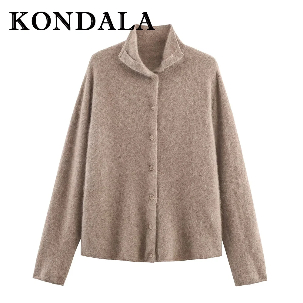 

KONDALA Chic Khaki Women Autumn Casual Cardigans Winter Elegant Vintage Half High Collar Fashion 2025 Elegant Female Sweater