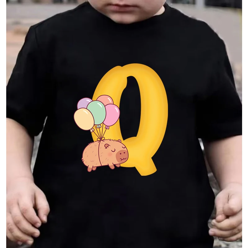Capybaras 26 Alphabet Kids T-Shirt Cartoon Birthday Casual Top Cute Animal Letter L Girl Boy Clothes 26 Initials 100% Cotton Tee