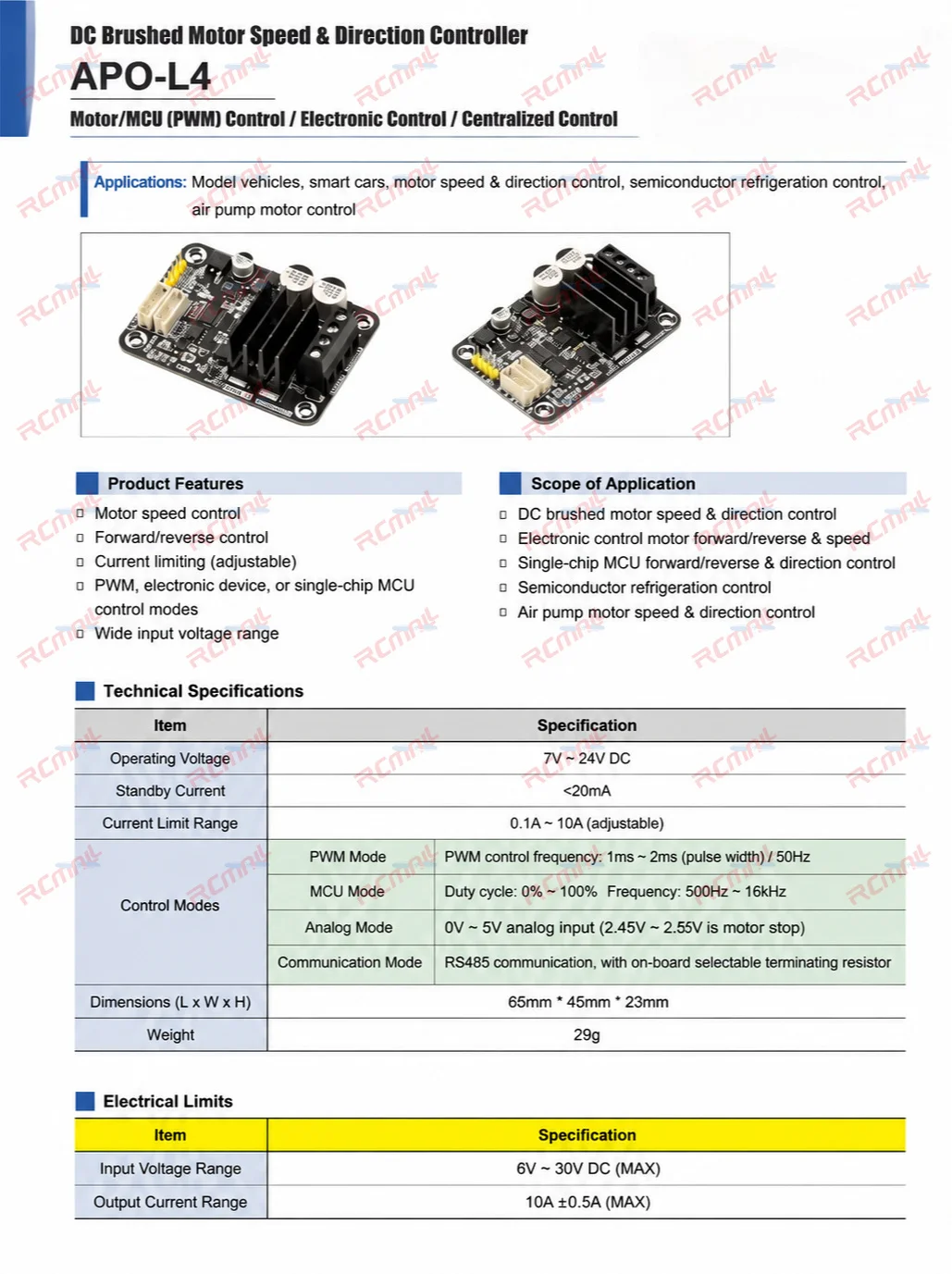 APO-L4 RS485 Serial Bus Modbus Servo Motor Driver Board Multiple Modes Controller for ESC/MCU (PWM) Potentiometer Bus Control