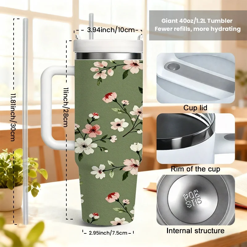 Vintage Floral Pattern 40oz Stainless Steel Insulated Tumbler, Digital Print Design on Solid Green Background with Delicate White Pink Flowers, Reusable Cold & Hot Drink Cup for Kitchen, Office and Daily Outdoor Use