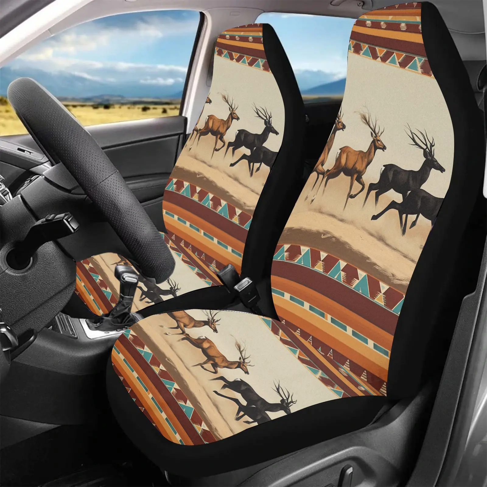 Car Seat Covers Tan With Deer And Tribal Pattern For Car Interior Decoration
