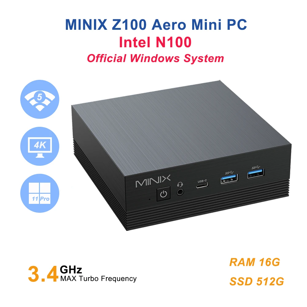 MINIX Z100 Aero Gaming Mini PC Intel N100 RAM 16GB DDR4 SSD 512GB Official Windows 11 Pro System Design Office PC DP Computer