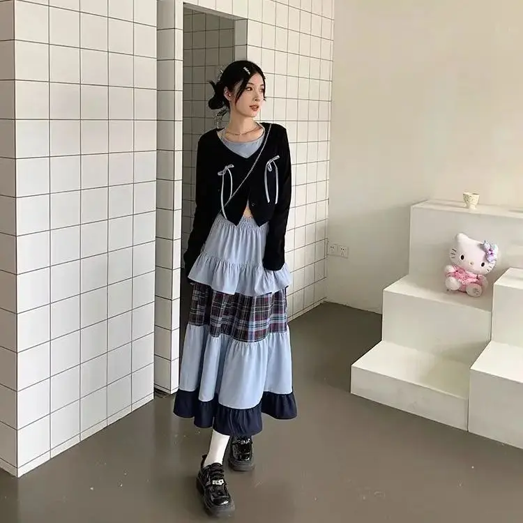 New Retro Plaid Splicing Skirt Spring Autumn Women'S Niche Design Sense Heavy Industry Multi-Layer A-Line Large Sling Skirt