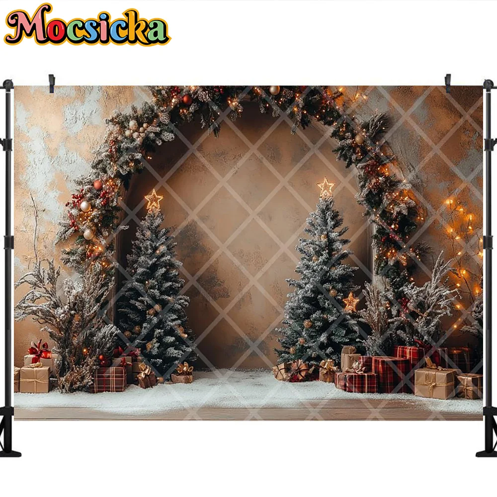 Mocsicka fotografia pano de fundo árvore de natal grinalda presente decoração do quarto família natal feriado retrato fundo para fotografia
