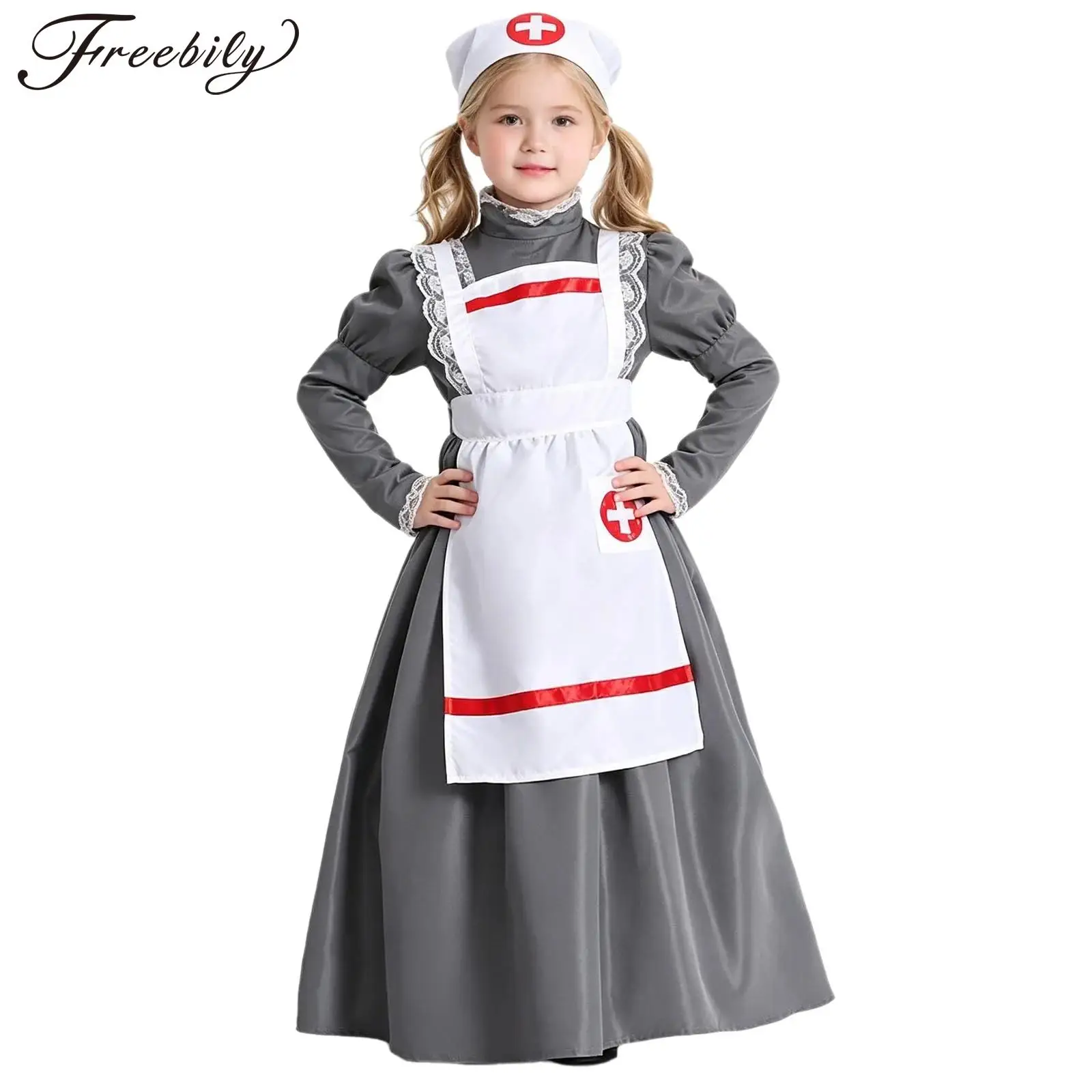 Kids Girls Nurse Maid Cosplay Costume Halloween Colonial Victoria Dresses Long Puff Sleeve Lace Trim Dress with Apron Headscarf