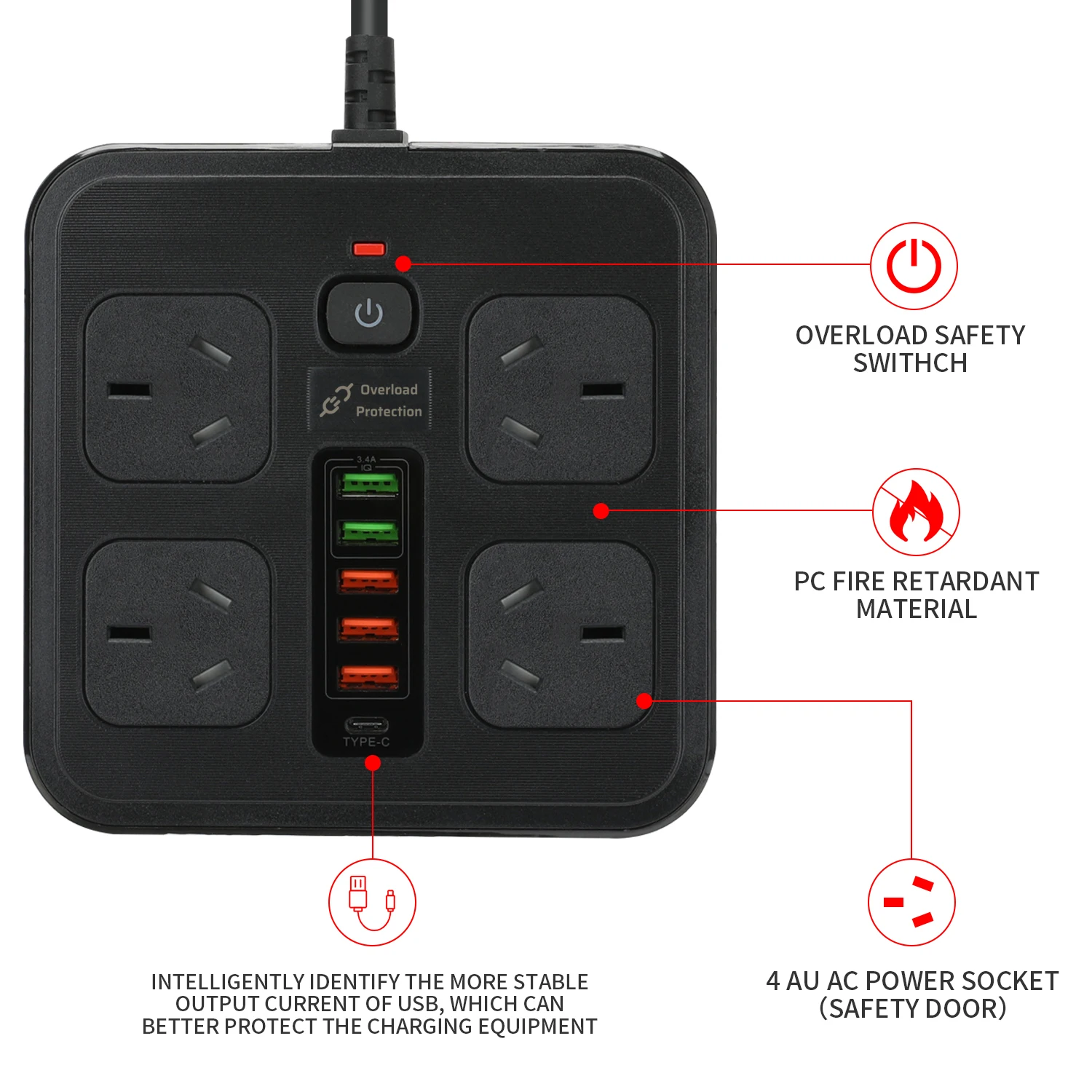 Imagem -06 - Tomadas Australianas Power Strip com Cabo de Extensão Soquete do Carregador Usb Protetor contra Surtos Plug au Filtro de Rede 10a 250v 3000w 2m