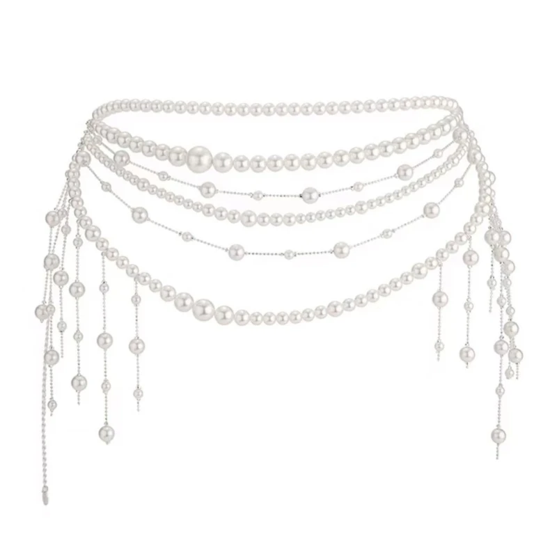 

652F 90s Inspired Imitation Pearls Waist Chain Belt Body Jewellery for Women Fashion Retro Accessories