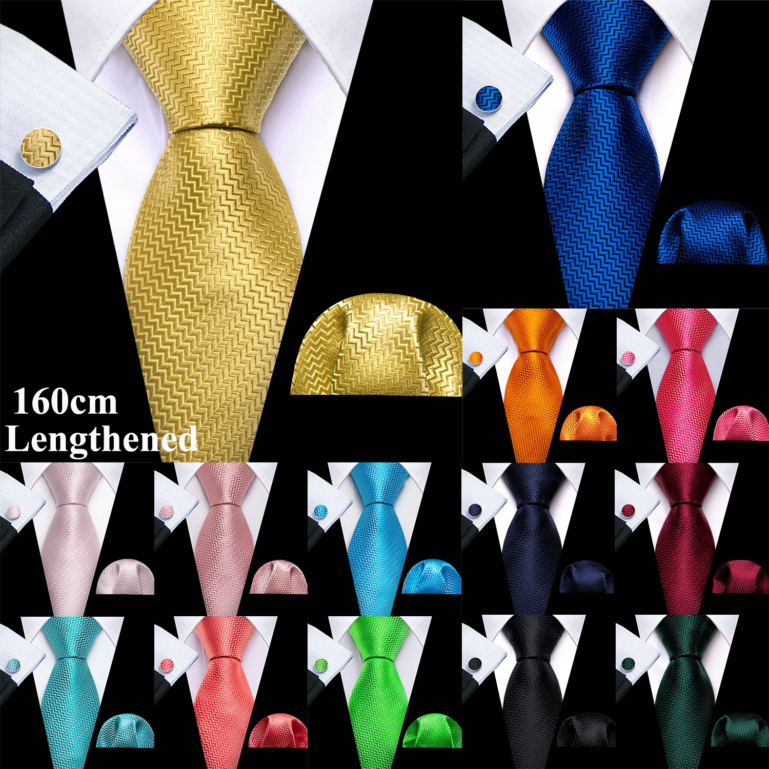 

Barry.Wang Lengthened 160CM Silk Men Tie Hanky Cufflinks Set Jacquard Gold Blue Red Pink Long Necktie for Male Wedding Business