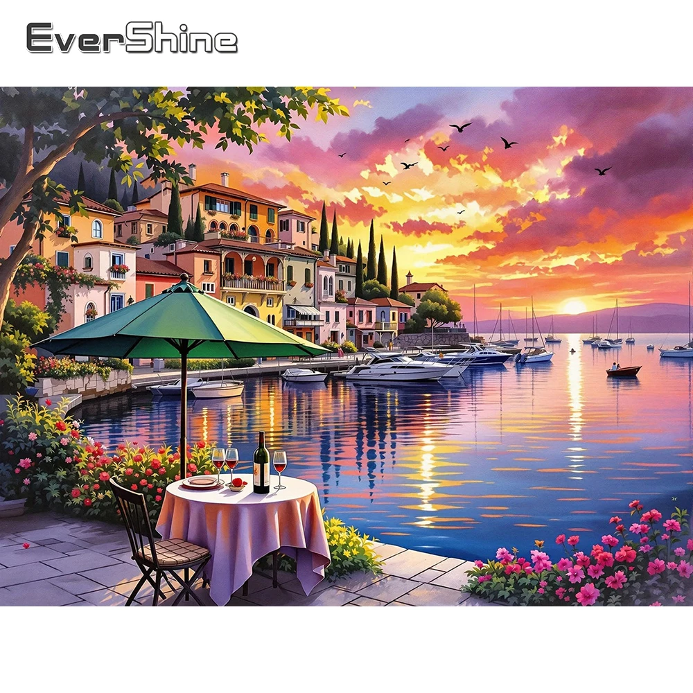 EverShine DIY Diamant-Mosaik Meereslandschaft Strass-Stickerei Haus-Gemälde Boot 5D Vollbohrer Sonnenuntergang Urlaubsgeschenke