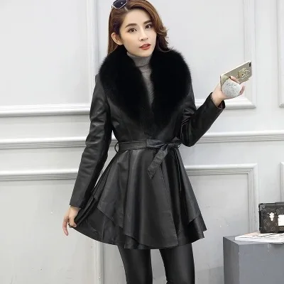 Spliced Fox Fur Coats Women Faux Fur Cardigan Outerwear Jacket Thick Warm Fur PU Leather Sashes Pockets Casual Autumn Winter