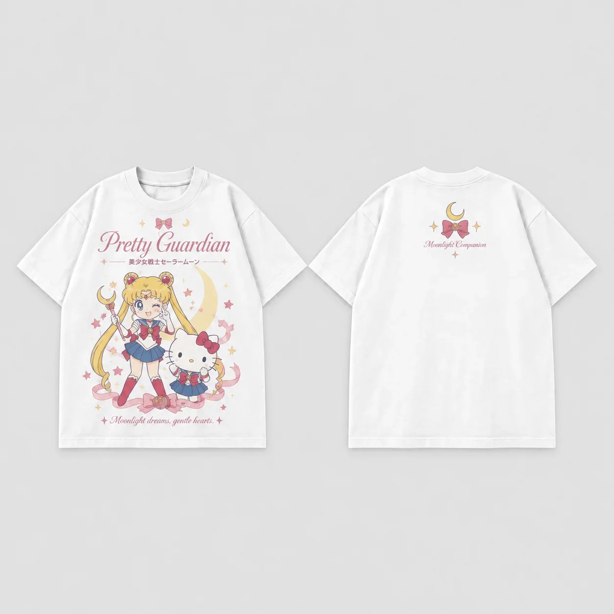 White Tee Men's Women's Sanrio Hello Kitty Sailor Moon Parent Child Anime Cool Art Print Oversized Short Sleeve Streetwear Top